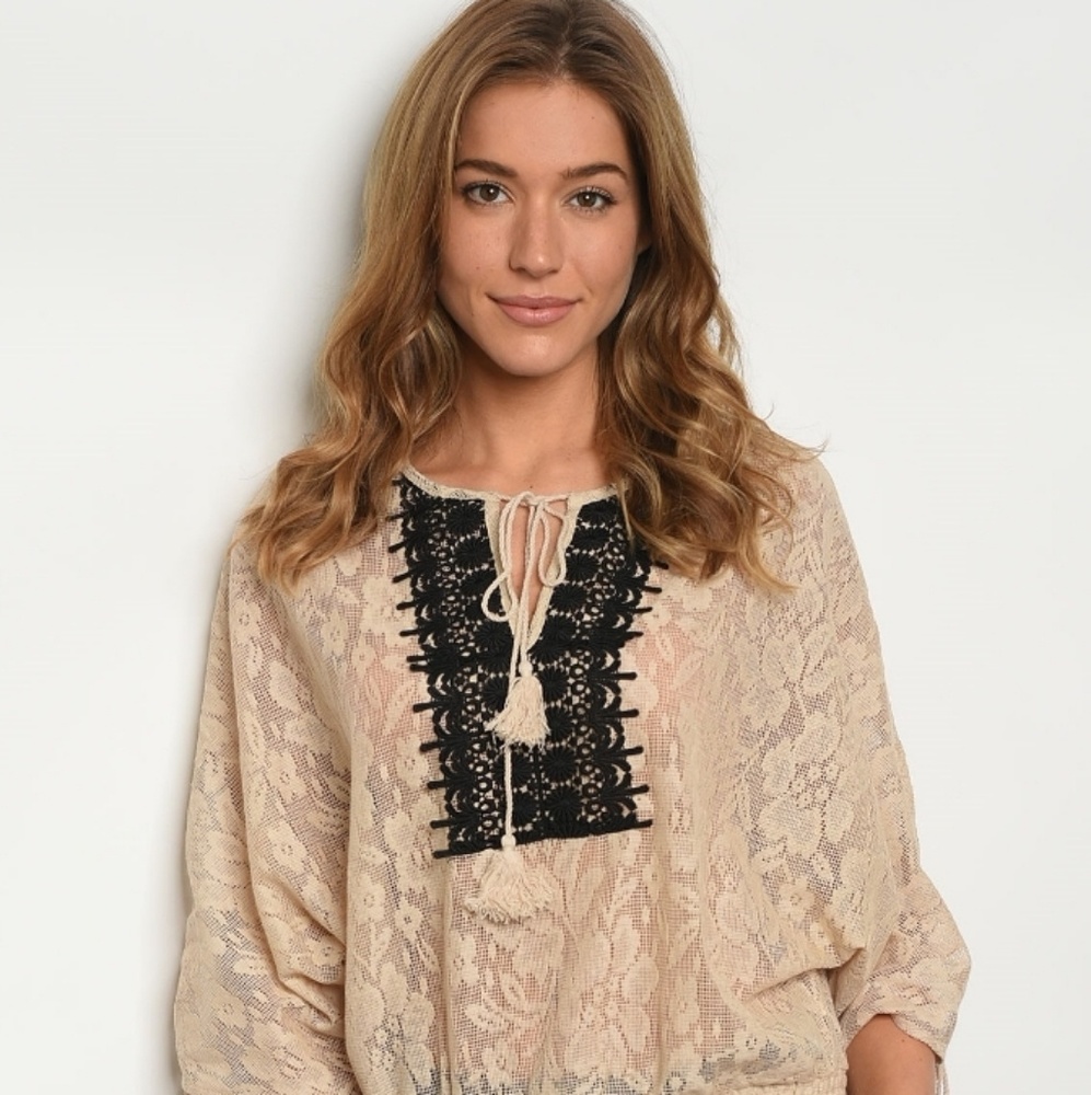 Taupe w/Black Embroidery and Tassel Detail Top